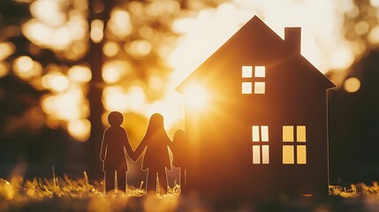 Conceptual image of a family cutout placed on green grass with a house model in the background, symbolizing a happy home.