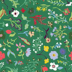Hand drawn, botanic seamless repeat pattern. Random placed, vector wild flowers aop, all over surface print on green background.