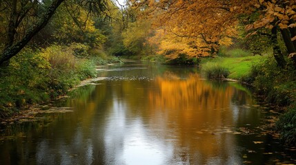Fototapeta premium Nature’s stillness is captured in the quiet waters, where seasonal colors and soft light offer a soothing visual canvas.