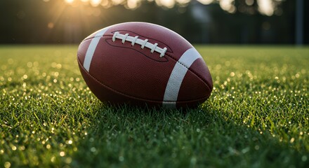 Football Resting on Green Grass Field at Sunrise Sport Activity