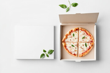 A top view of pizza boxes packaging isolated on a white background, featuring a clean and minimal design. Ideal for branding, takeout, and delivery presentation.