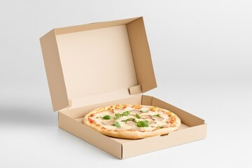 A pizza in its packaging, with visible ingredients, set against a white background. The design features clean lines and ample copy space for branding.