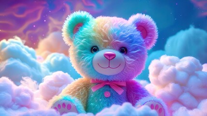 Fototapeta premium Colorful Teddy Bear in a Dreamlike Cloudy Background