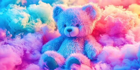 Fototapeta premium Colorful Teddy Bear in a Dreamlike Cloudy Background