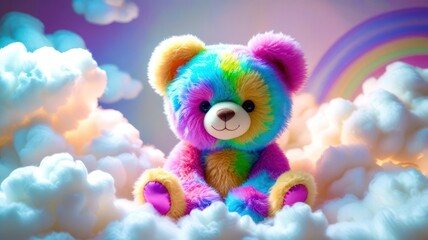 Fototapeta premium Colorful Teddy Bear in a Dreamlike Cloudy Background