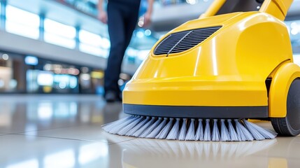A close-up of a yellow cleaning machine on polished floors, with a person walking in the background, highlighting cleanliness in a public space.