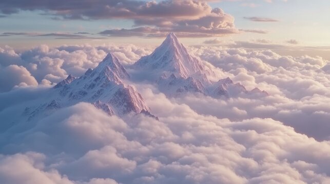Snowy mountain summits floating above an ocean of white clouds, the clouds rolling gently like waves