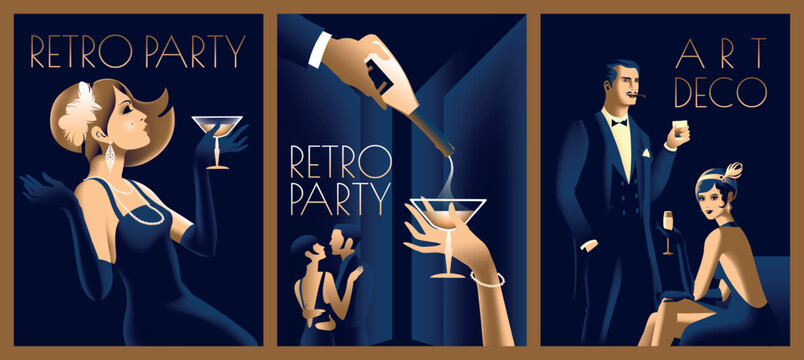 Set of 3 retro party invitation cards. Couple at a party in the style of the early 20th century. Pretty girl tries champagne. Handmade drawing vector illustration. Art Deco style. - Powered by Adobe