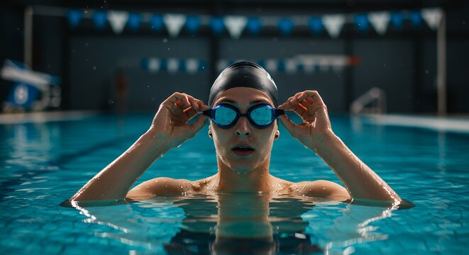 Swimmer Adjusting Goggles in Swimming Pool Ready for Activity