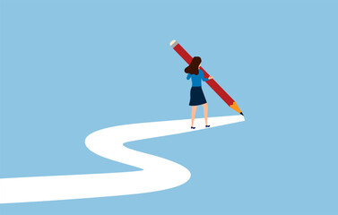Businesswoman writing her own career path in flat design. Woman choose her own life. New opportunities.