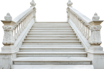 A symmetrical staircase made of white marble with decorative balustrades on either side ascending upwards