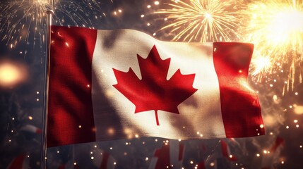 Realistic Canadian flag illustration with fireworks and dramatic lighting