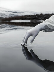 Gloved Hand Touching Calm Winter Water Reflection