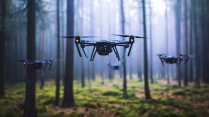 Fototapeta premium A high tech AI powered drone, inspecting power lines for damage in a rural area, utility maintenance setting