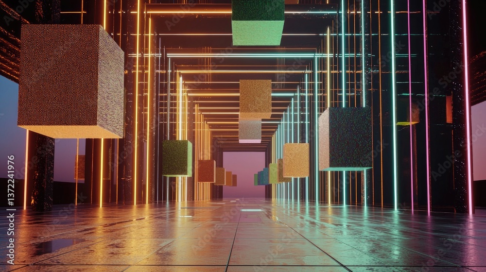Poster ai-driven data visualization with interconnected 3d cubes, futuristic neon colors, and a cyber-inspi
