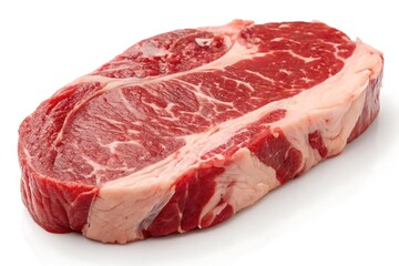 Rich red raw beef steak marbling visible close up shot against bright white background