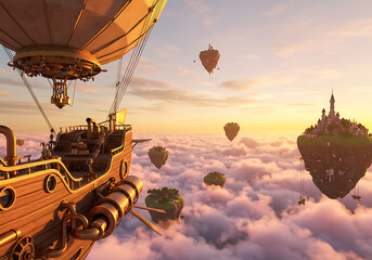 Obraz premium Airship Adventure Above Floating Islands: Steampunk Fantasy Sunset Journey