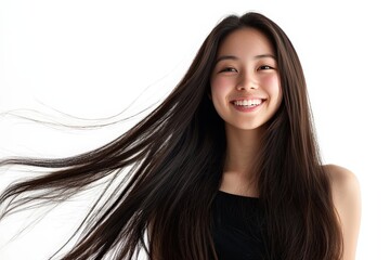Young beautiful Asian woman smiling with long brunette hair isolated on white background - obrazy, fototapety, plakaty