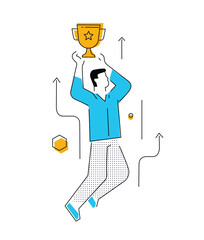Businessman holding a cup. Success, achieving goals, pride. Success. Line icon illustration