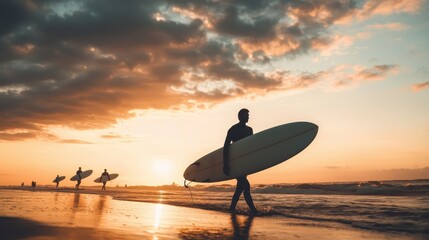 A surfer walks along the shore at sunset, with others in the background, capturing the beauty of the ocean and the sport.