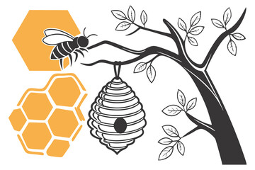 Floral bee vector gathers summer honey near a fruit tree