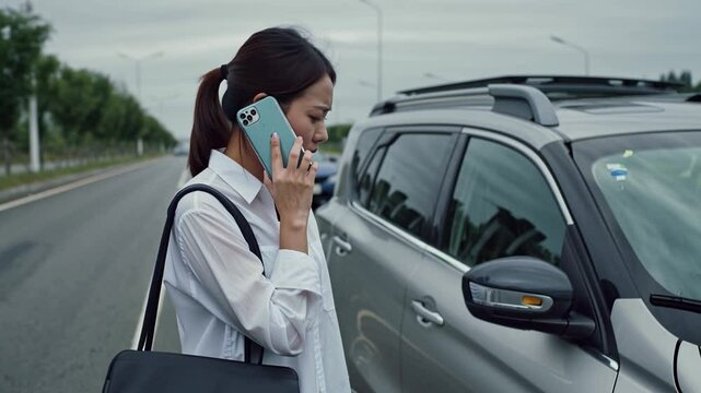 Mujer joven preocupada y estresada sola junto a su coche averiado al borde de una carretera, llamando a su compa&ntilde;&iacute;a de seguros tras un accidente. 