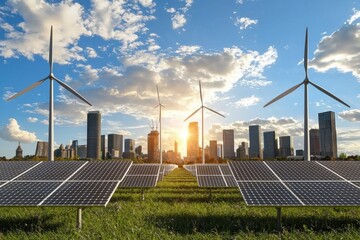 A Futuristic City Skyline With 100% Renewable Energy Infrastructure, Smart Urban Living.