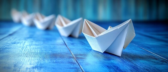 Several paper ships on a blue wooden background, creating an atmosphere of dreaminess and creativity. Suitable for blogs, tutorials, posters and advertisements.