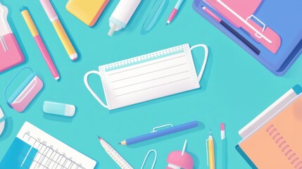 Colorful workspace with stationery and a face mask on a turquoise background at an organized home office