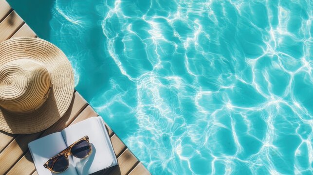 Relaxing by the pool with a sunhat and sunglasses on a sunny day in a tropical location - Powered by Adobe