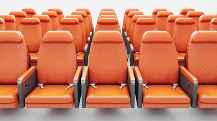 Fototapeta premium Rows of modern coral airplane seats isolated on white background