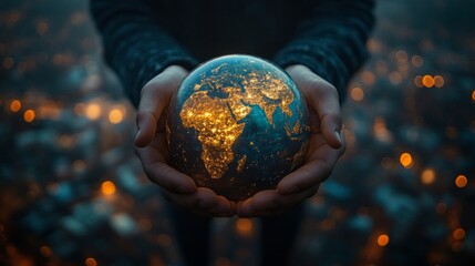 Hands hold a glowing planet Earth, symbolizing care for the world and ecology, suitable for themes of environmental protection and global unity.
