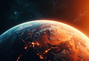 Fototapeta premium Stunning view of Earth from space with glowing cities and atmospheric details