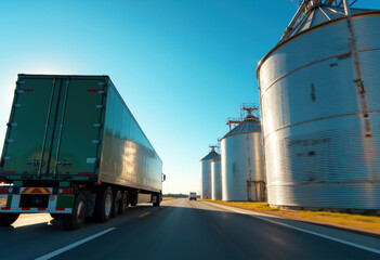 Obraz premium Green truck driving past silos on a sunny day in the countryside