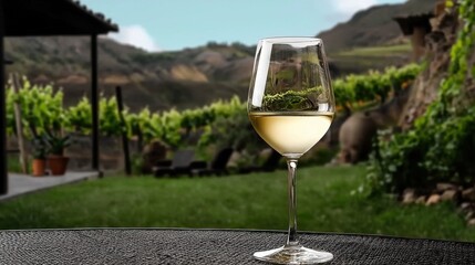 Obraz premium A Glass Of Elegant White Wine With A Vineyard View In The Background, Perfect For Relaxation, Happy Moment.