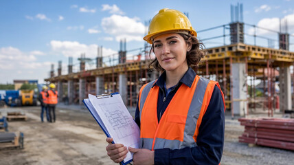 Construction site overseer reviewing plans while supervising a building project during daylight