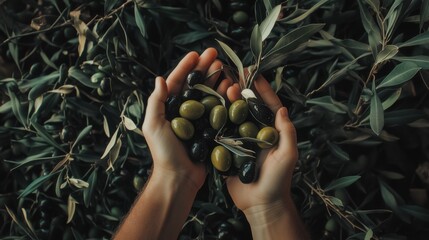 Hands holding freshly harvested olives under olive tree branches in a lush garden during autumn