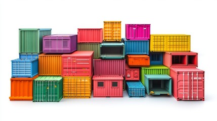 Various colorful cargo shipping containers stacked neatly on top of each other against a white background.
