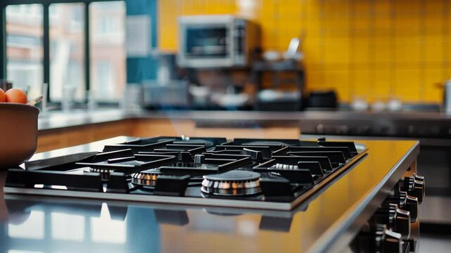 Modern kitchen stove with shiny surface and bright yellow backsplash in a contemporary setting