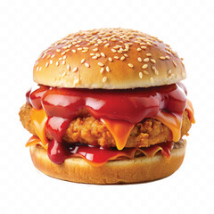 realistic delicious hot and fresh burger dripping in tomato or chili sauce isolated on white background