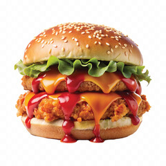 realistic delicious hot and fresh burger dripping in tomato or chili sauce isolated on white background