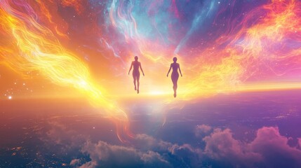 Fototapeta premium A vibrant, surreal landscape showing two silhouetted figures soaring into a glowing sky filled with radiant light beams and swirling colors. 