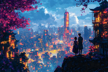 Fototapeta premium A couple gazing over a futuristic city at dusk with buildings