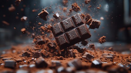 Dark chocolate bar exploding into cocoa powder.