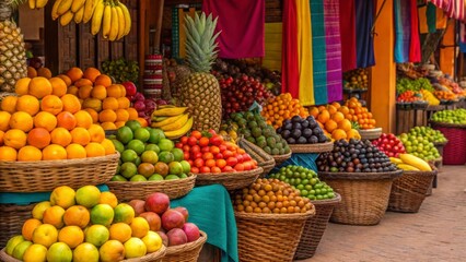 Foodie Tour concept Vibrant market scene with baskets of assorted fresh fruits and colorful textiles.