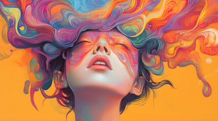 A woman with a colorful headpiece is painted on a yellow background