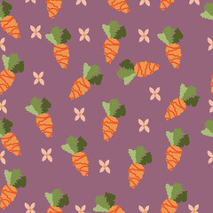textured carrot and orange flower pattern illustration on purple background.
