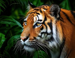 Fototapeta premium A close-up of a tiger's face, its piercing gaze piercing through the jungle foliage, its fur glistening in the humid air
