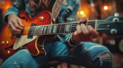 Close-up of a Musician Playing a Sunburst Electric Guitar