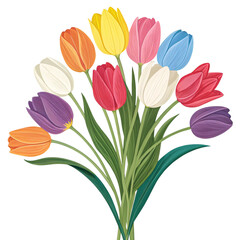 Obraz premium Colorful Tulip Bouquet Illustration on White Background, Artistic Floral Design, Springtime, Bloom